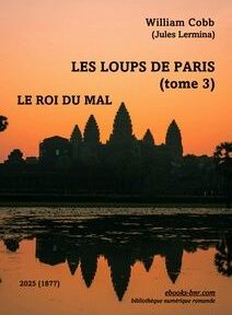Couverture du livre représentant la silhouette orange d'Angkor Wat au lever du soleil photographiée par Krong Siem Reap. Texte : « Les Loups de Paris (tome 3) Le Roi du Mal » de William Cobb (Jules Lermina).
