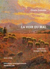 Détail de Gregge di pecore con pastore (1904) d'Antonio Ballero Dans un paysage dominé par les rouges des brebis paissent devant un arrière fond de montagnes violettes et un ciel nuageux aux dominantes rouges, ors et violettes.