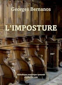 La couverture du livre « L’Imposture » de Georges Bernanos montre des bancs d’église en bois finement sculptés et le texte du titre en blanc. Publié en 1927, le livre est disponible à la bibliothèque numérique romande.