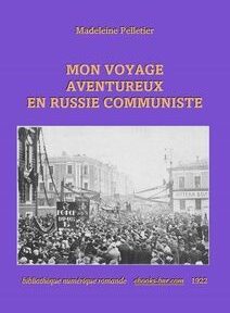 Couverture du livre « Mon voyage aventuroux en Russie communiste » de Madeleine Pelletier, avec une photo en noir et blanc d'une scène de rue bondée en Russie. Le fond de la couverture est violet.