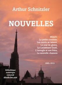 Couverture du livre « Nouvelles » d'Arthur Schnitzler, comportant une liste de titres et une image d'un horizon de ville avec un clocher d'église proéminent sous un ciel rose.