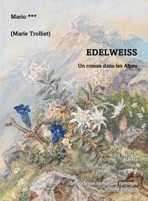 Illustration de couverture de livre avec des fleurs alpines et un paysage de montagnes en arrière-plan. Titre : 